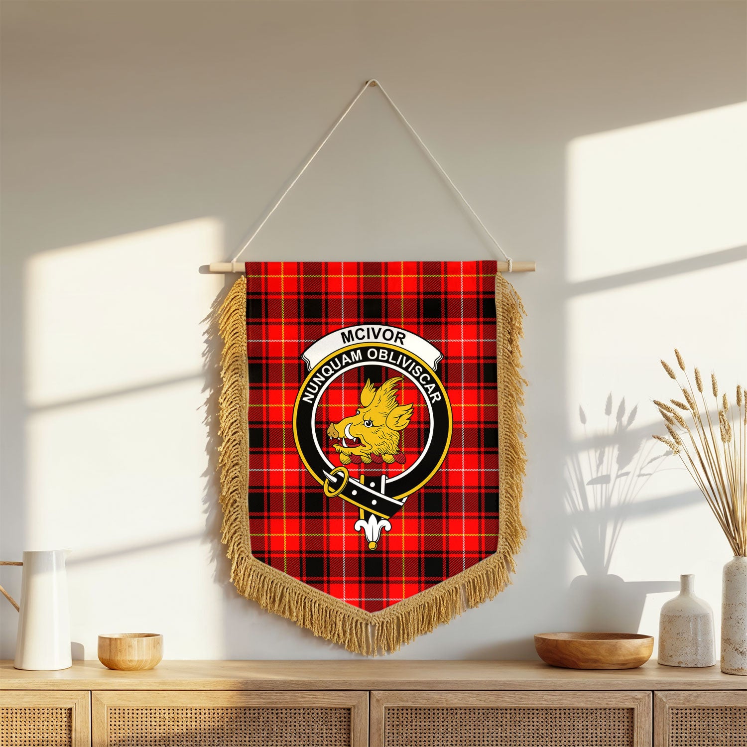 McIvor Tartan Crest Wall Hanging Banner - Wood Pole
