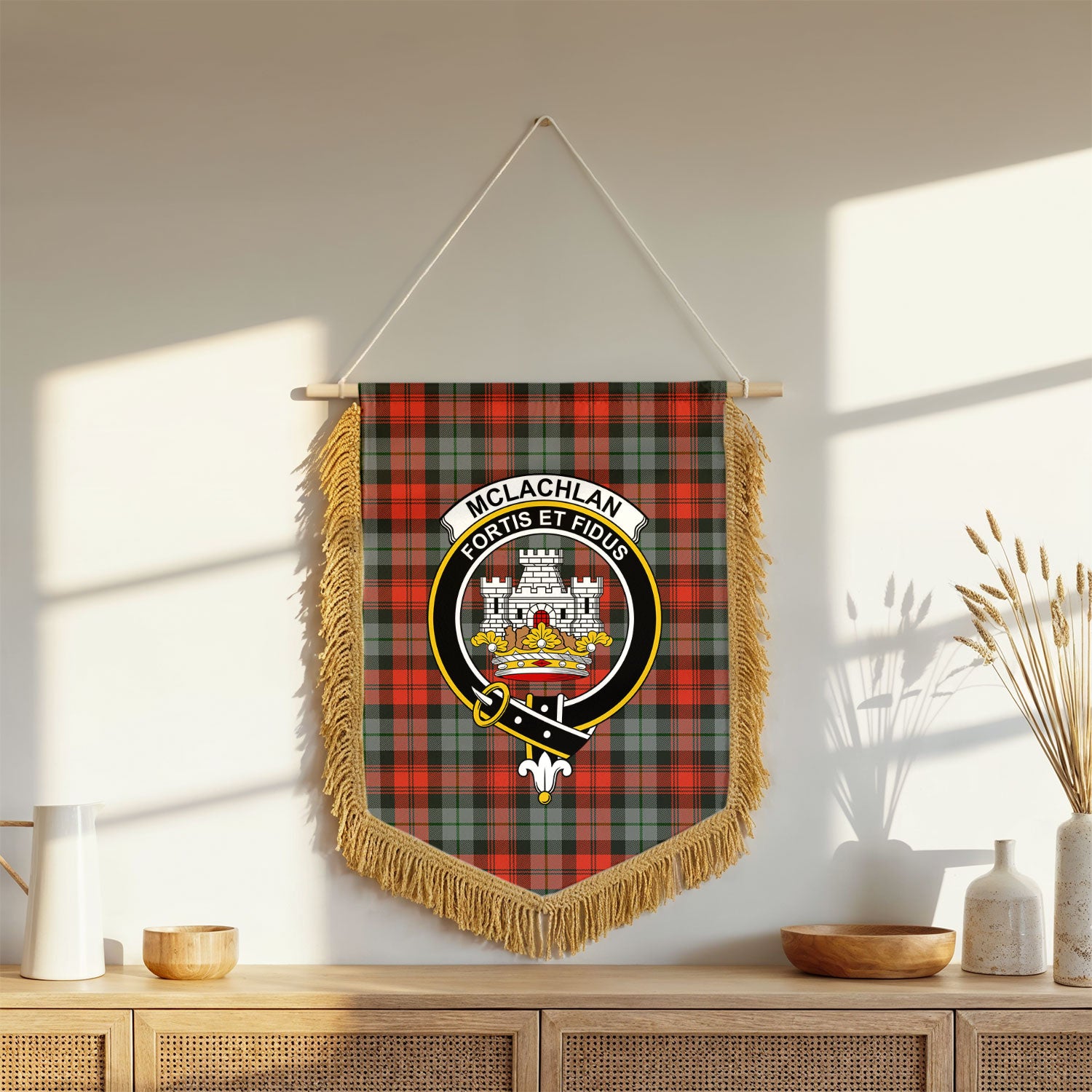 McLachlan Weathered Tartan Crest Wall Hanging Banner - Wood Pole