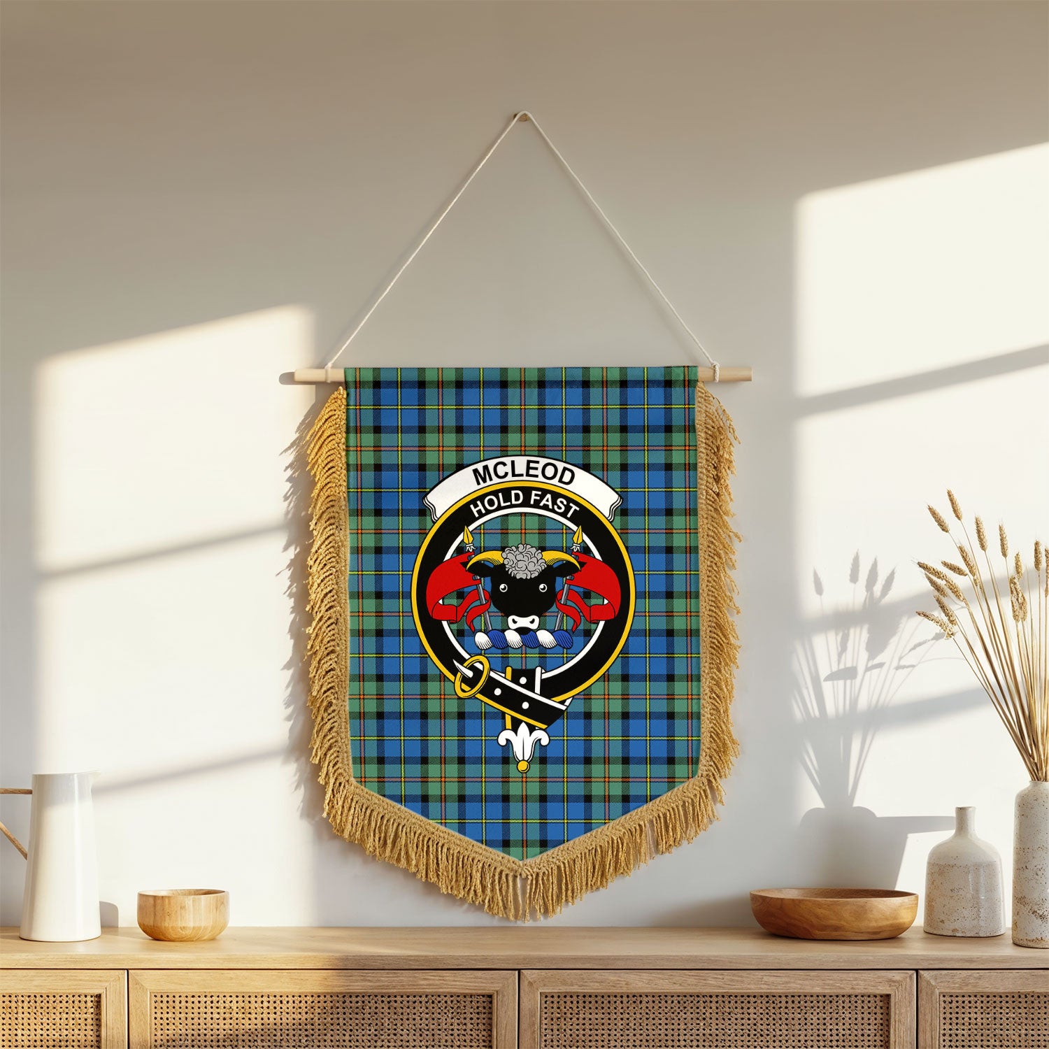 McLeod of Harris Ancient Tartan Crest Wall Hanging Banner - Wood Pole