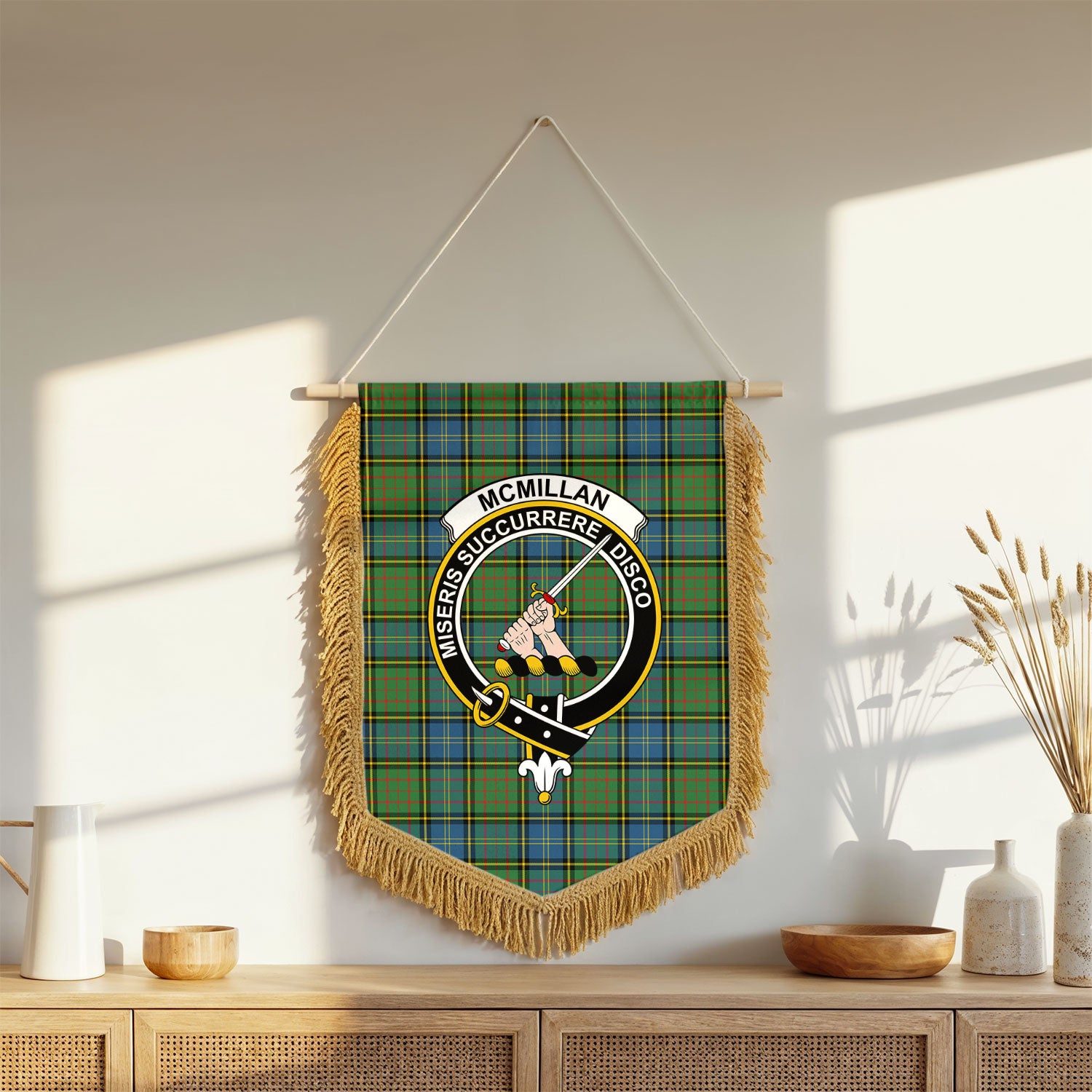 McMillan Hunting Ancient Tartan Crest Wall Hanging Banner - Wood Pole