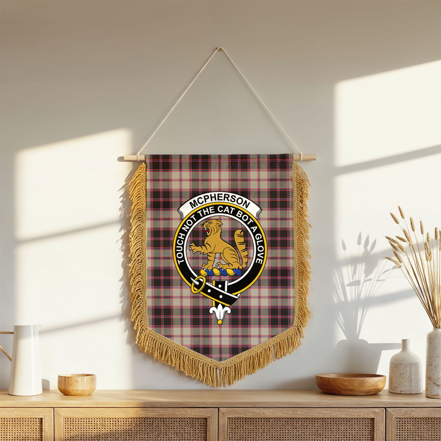 McPherson Hunting Ancient Tartan Crest Wall Hanging Banner - Wood Pole