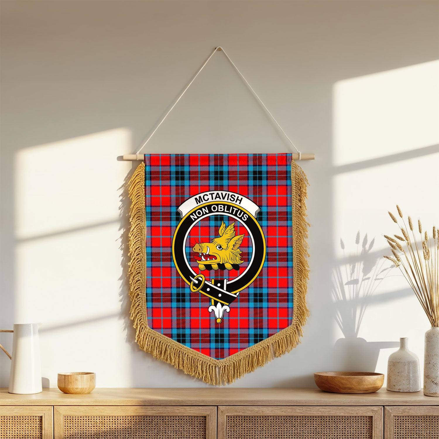 McTavish Modern Tartan Crest Wall Hanging Banner - Wood Pole