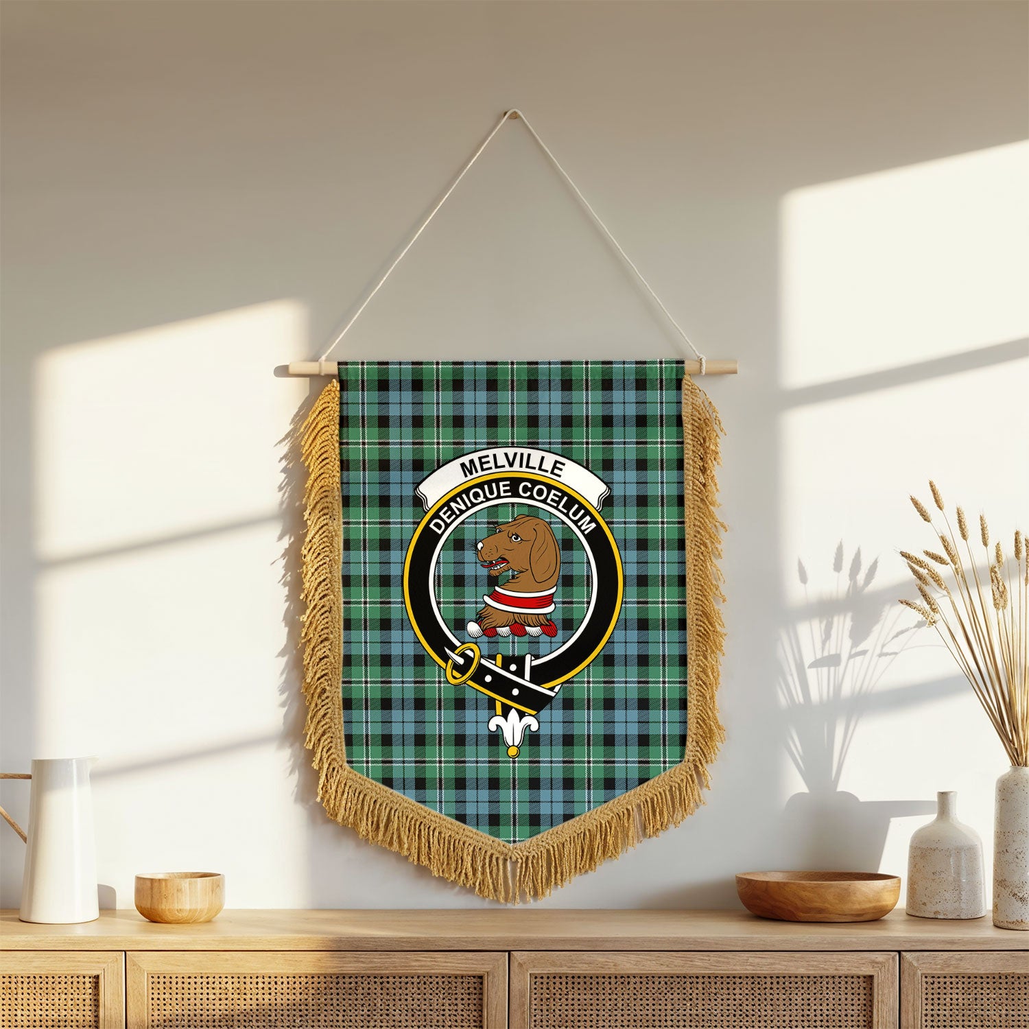 Melville Tartan Crest Wall Hanging Banner - Wood Pole