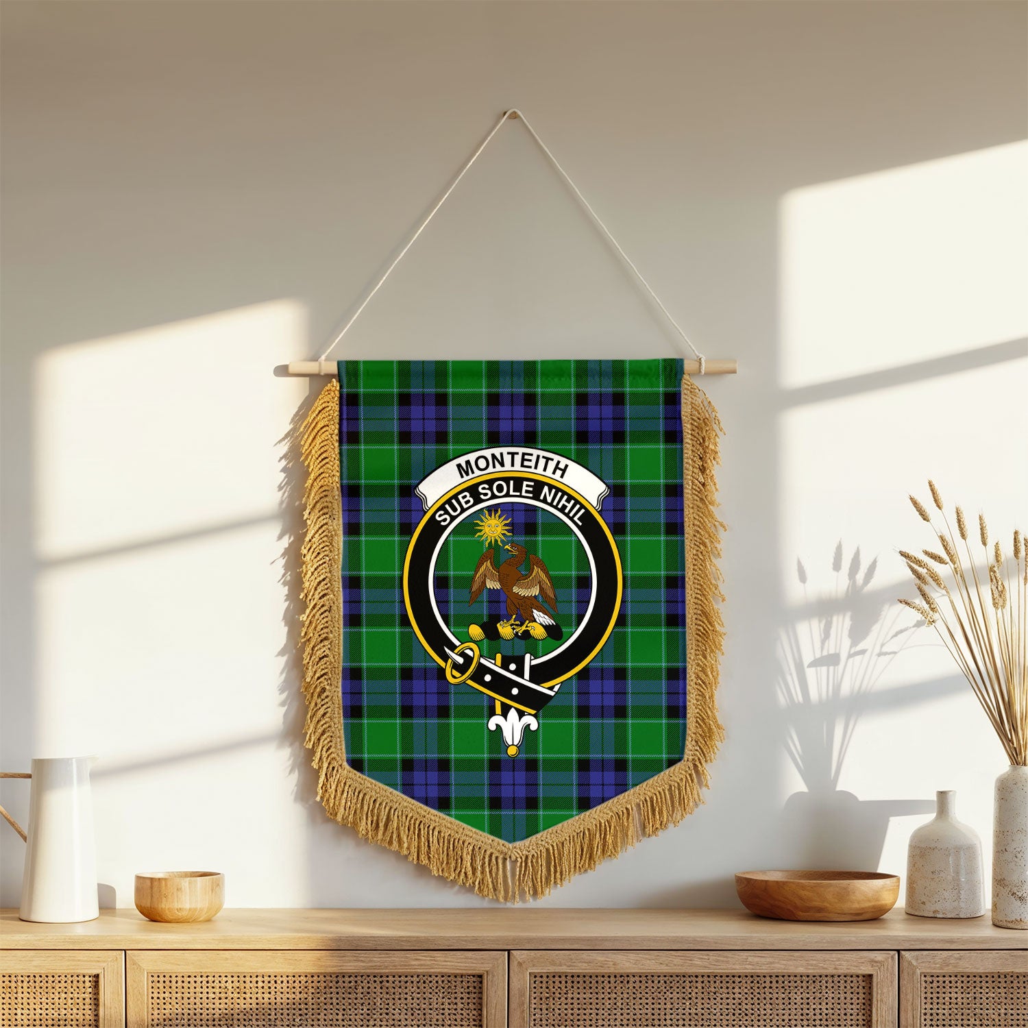 Monteith Tartan Crest Wall Hanging Banner - Wood Pole