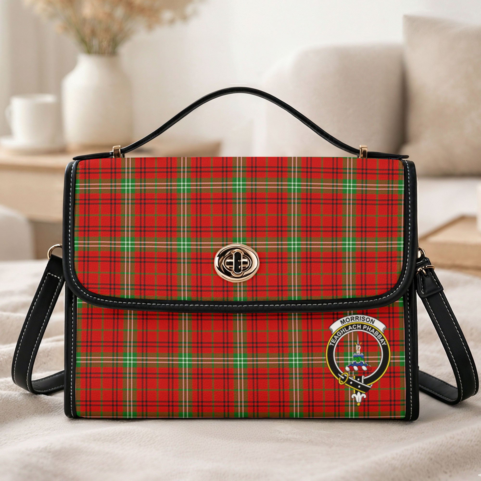 Morrison Red Modern Tartan Crest Satchel Bag