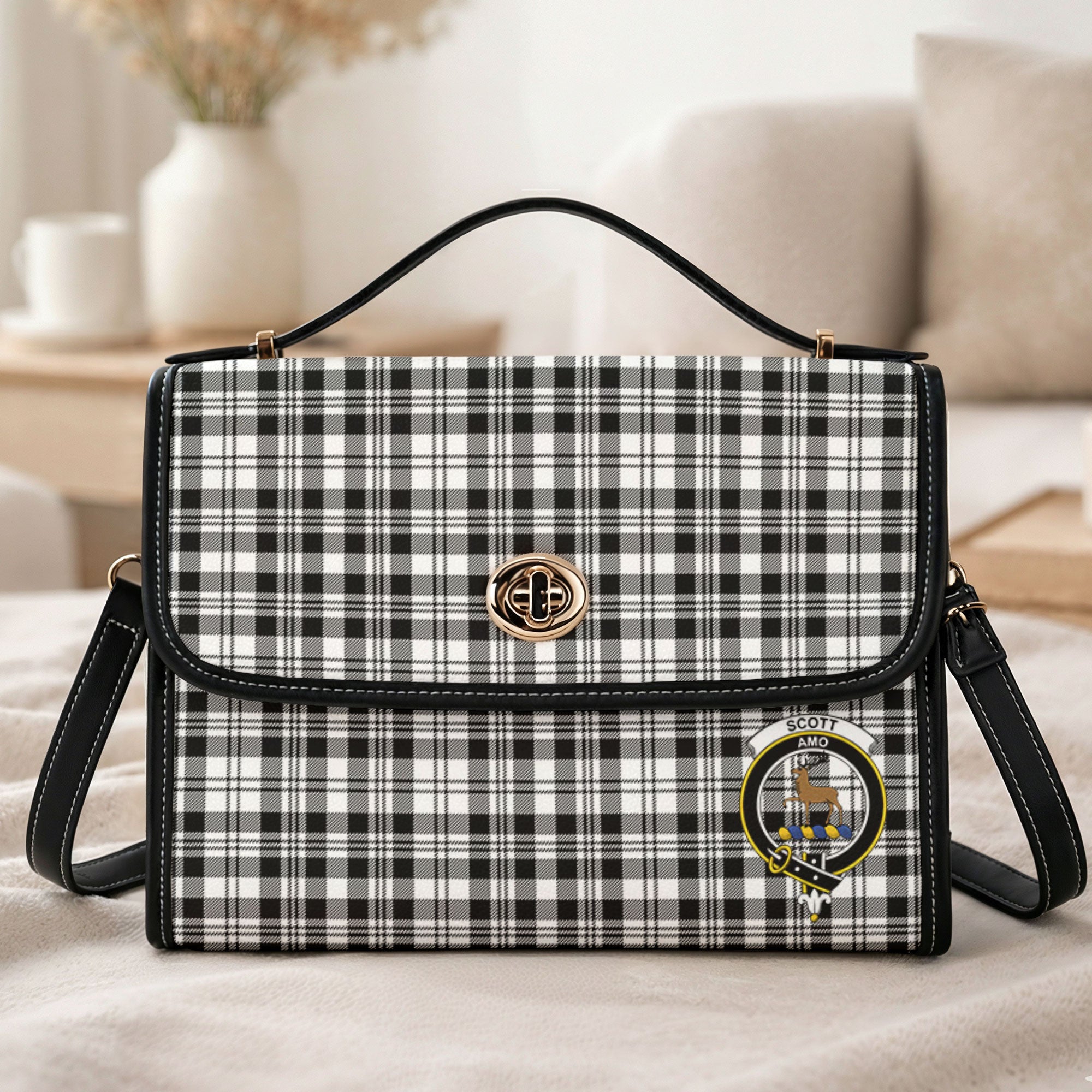 Scott Black & White Modern Tartan Crest Satchel Bag