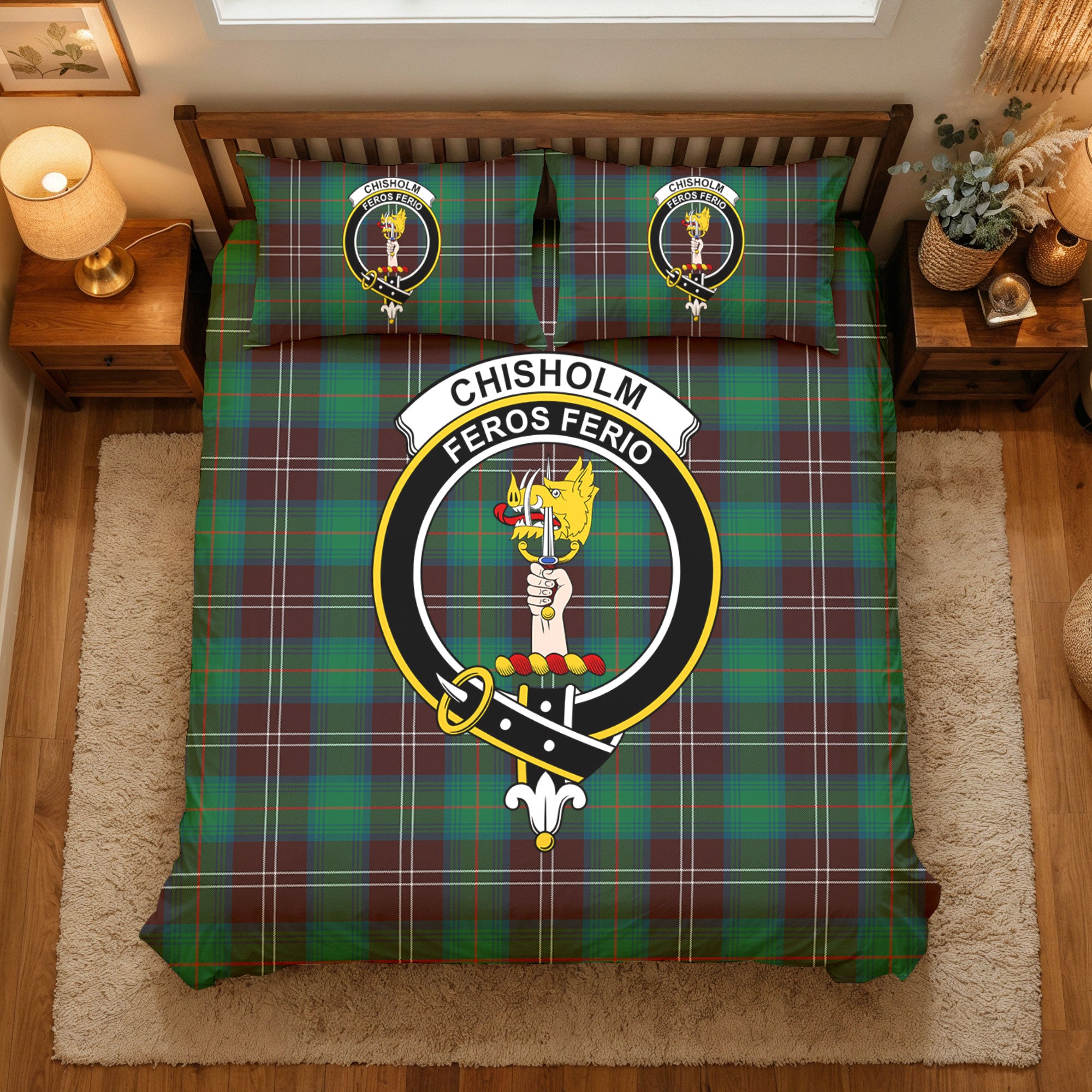 Chisholm Hunting Ancient Tartan Crest Bedding Set