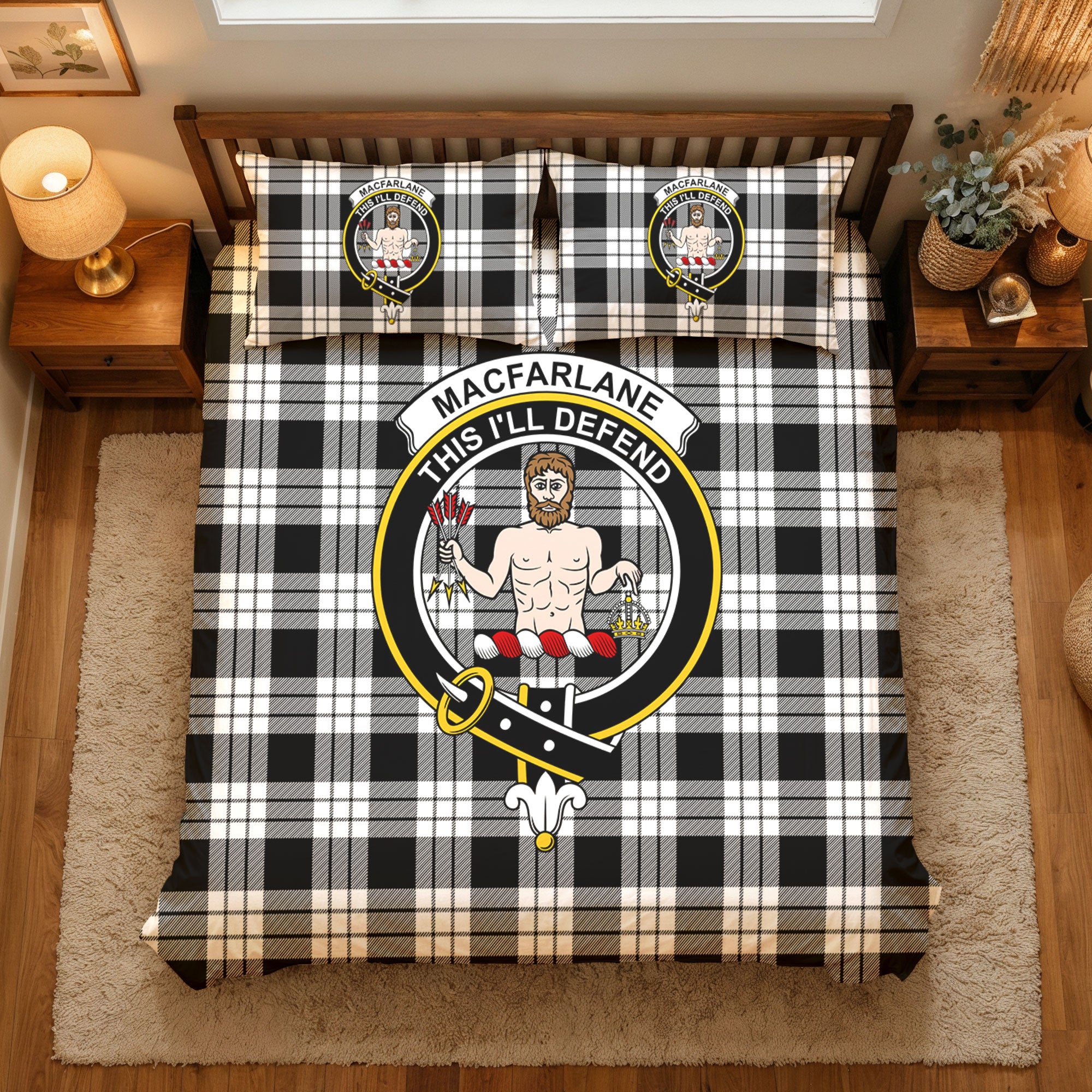 MacFarlane Black - White Tartan Crest Bedding Set