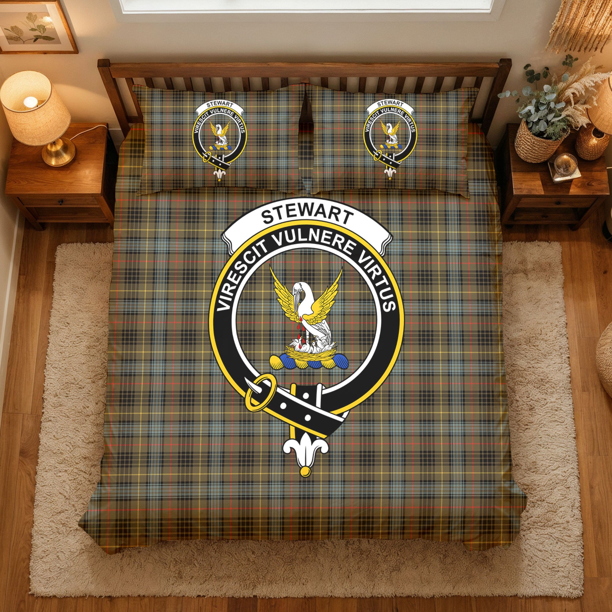 Stewart Hunting Weathered Tartan Crest Bedding Set