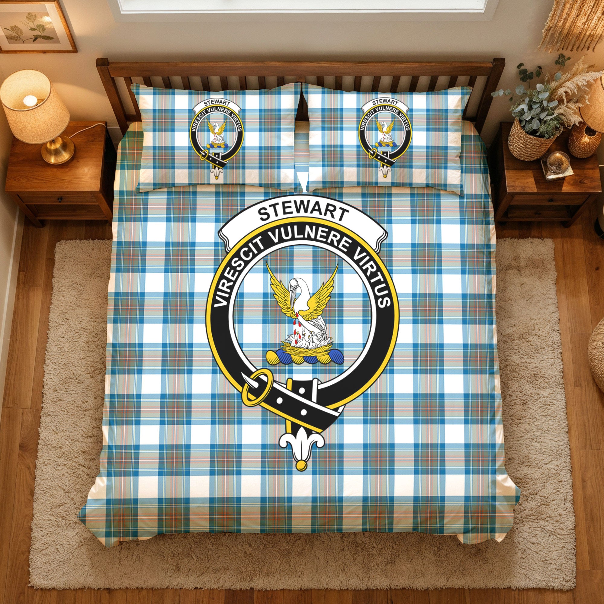 Stewart Muted Blue Tartan Crest Bedding Set