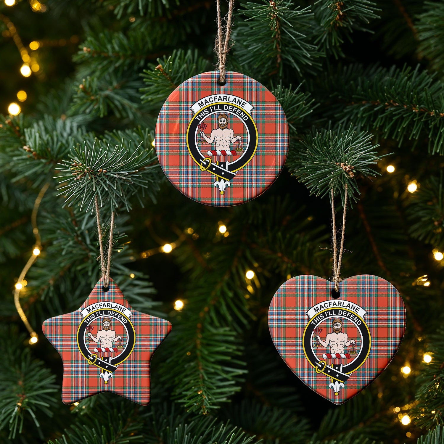 MacFarlane Ancient Tartan Crest Christmas Ceramic Ornament