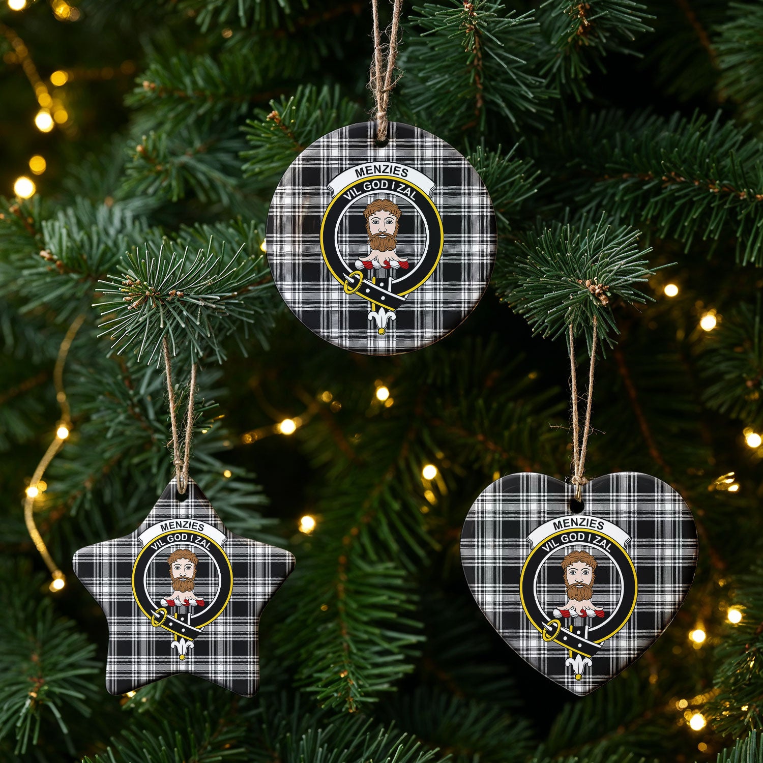 Menzies Black - White Modern Tartan Crest Christmas Ceramic Ornament