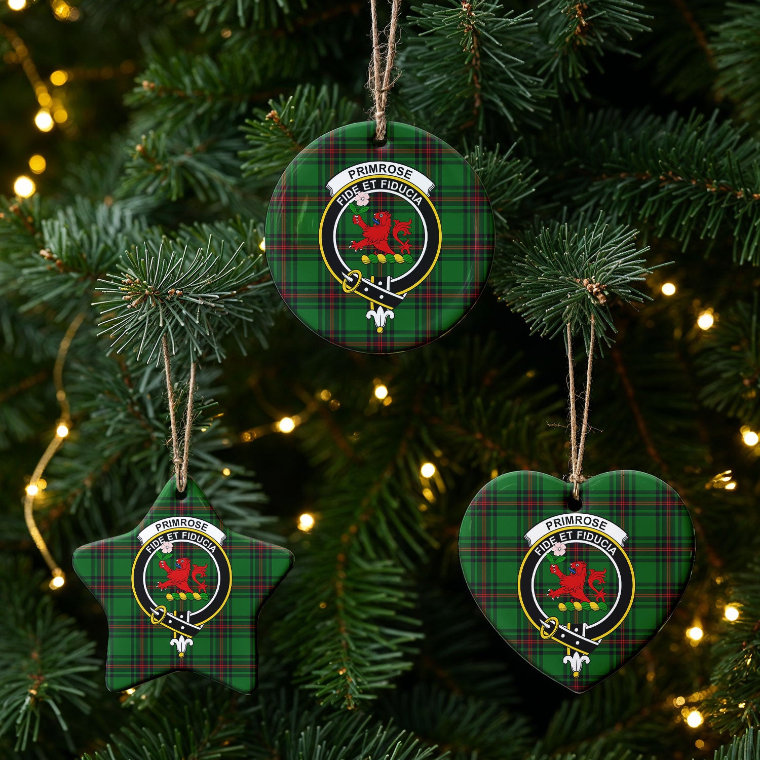 Primrose Tartan Crest Christmas Ceramic Ornament
