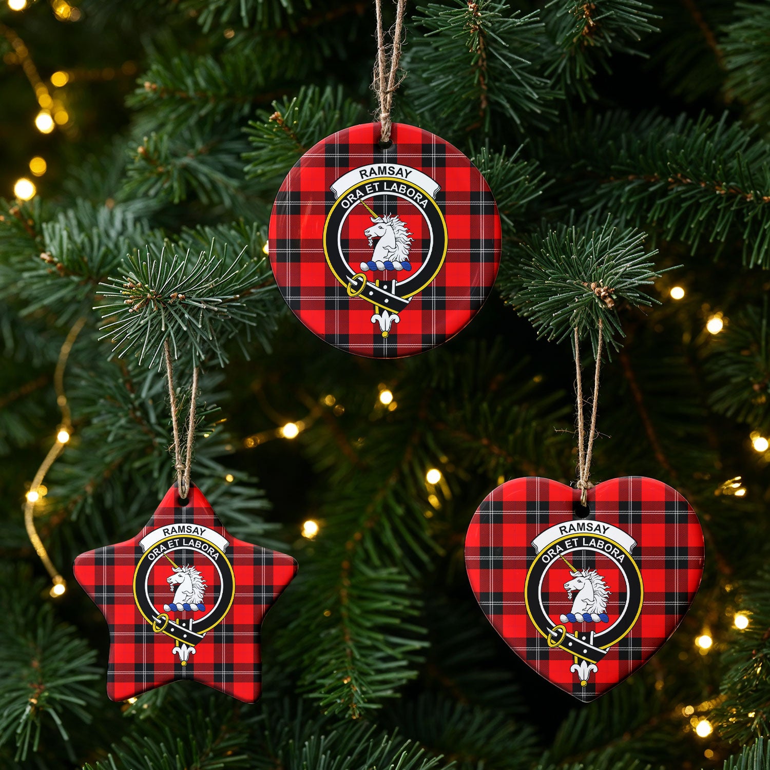 Ramsay Modern Tartan Crest Christmas Ceramic Ornament