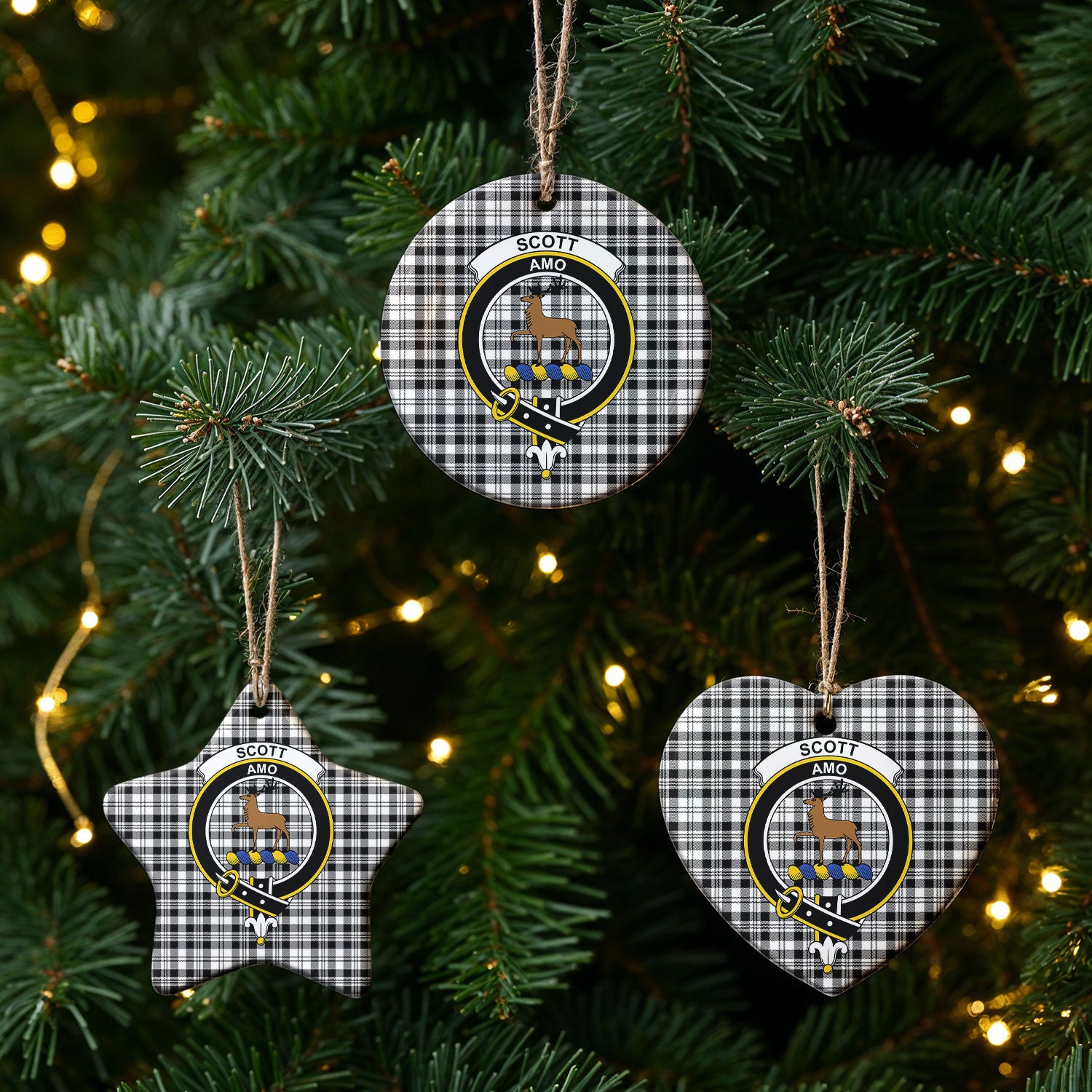 Scott Black & White Modern Tartan Crest Christmas Ceramic Ornament