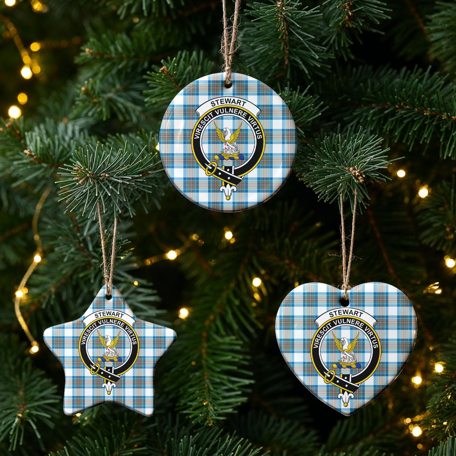 Stewart Muted Blue Tartan Crest Christmas Ceramic Ornament