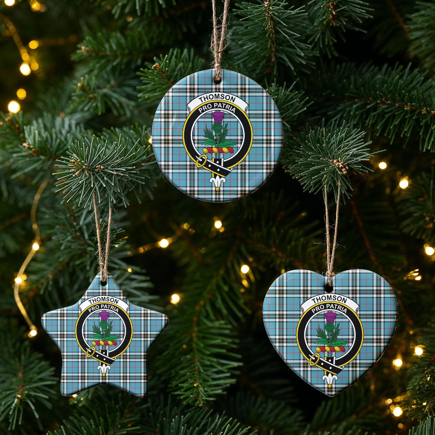 Thomson Blue Tartan Crest Christmas Ceramic Ornament