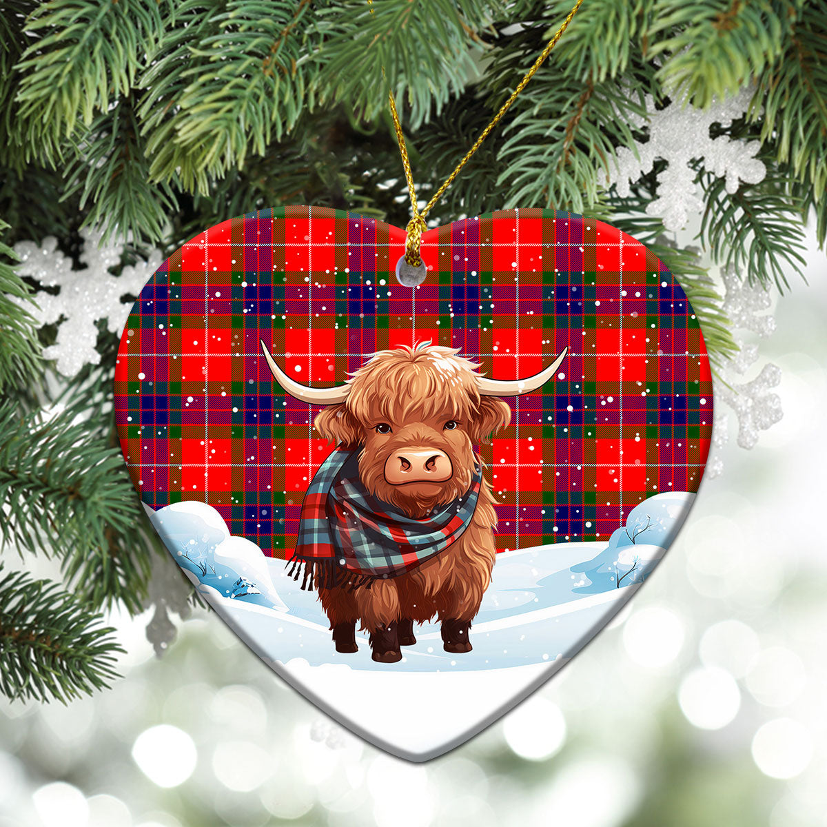 Abernathy Tartan Christmas Ceramic Ornament - Highland Cows Snow Style