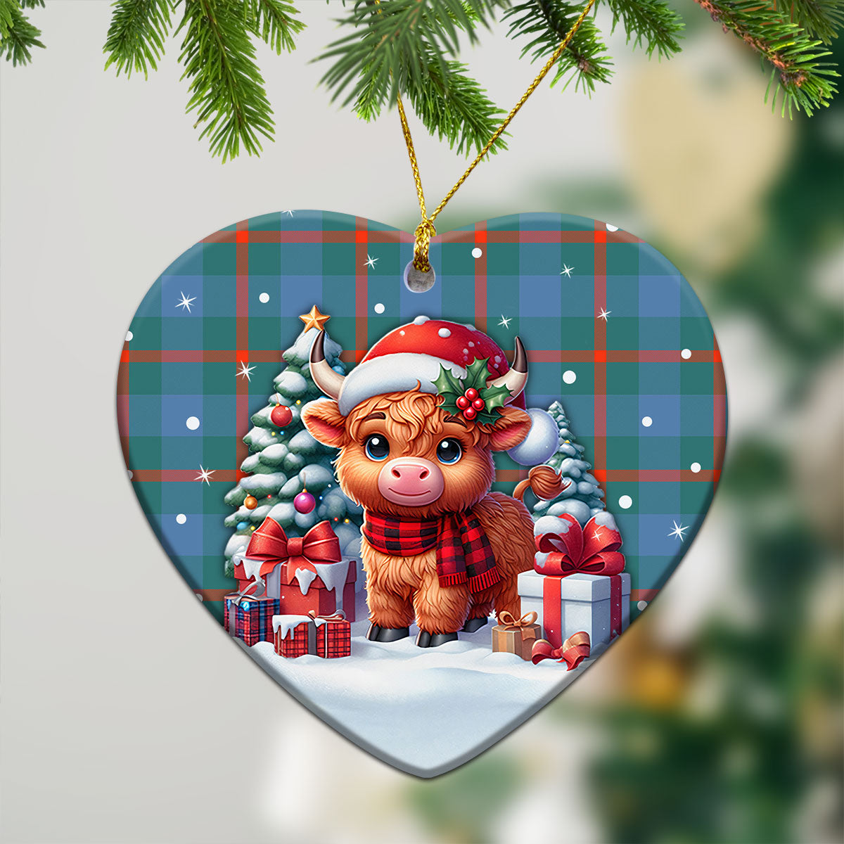 Agnew Ancient Tartan Christmas Ceramic Ornament - Highland Cow Winter Style