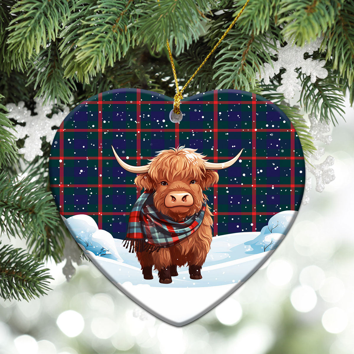 Agnew Modern Tartan Christmas Ceramic Ornament - Highland Cows Snow Style