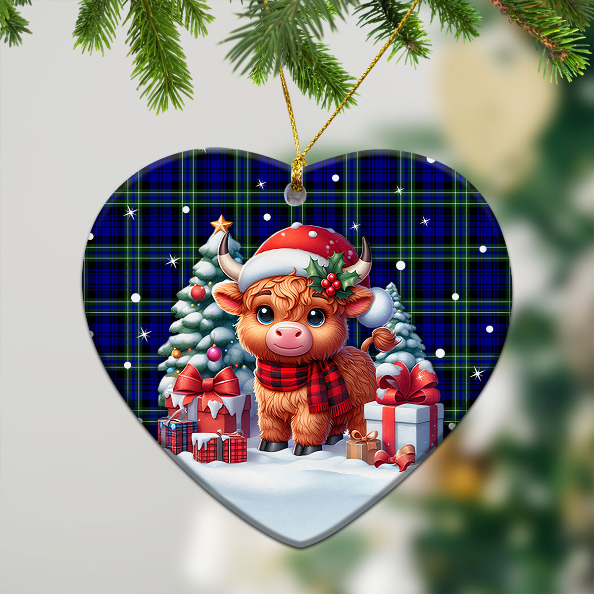 Arbuthnot Modern Tartan Christmas Ceramic Ornament - Highland Cow Winter Style