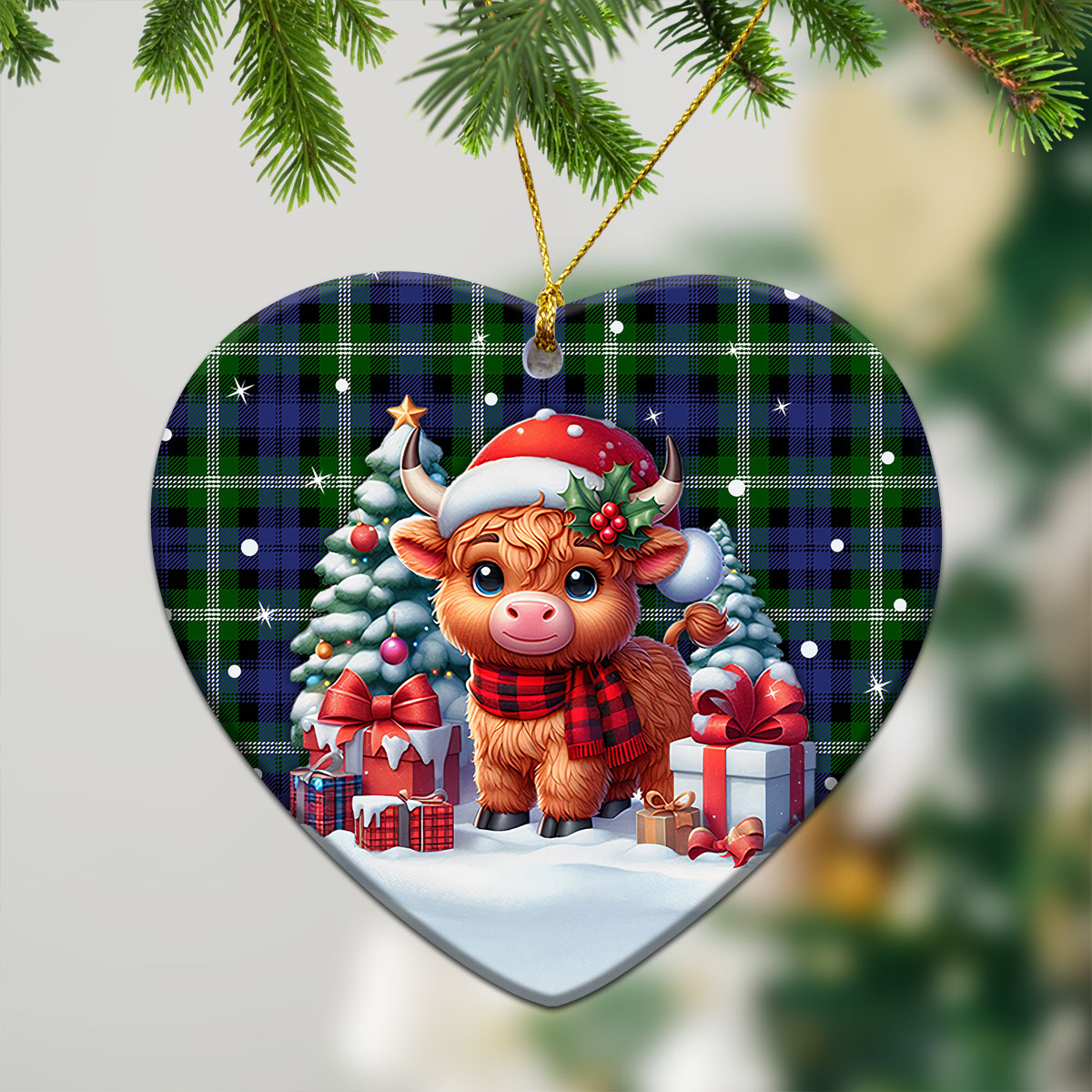 Baillie Modern Tartan Christmas Ceramic Ornament - Highland Cow Winter Style