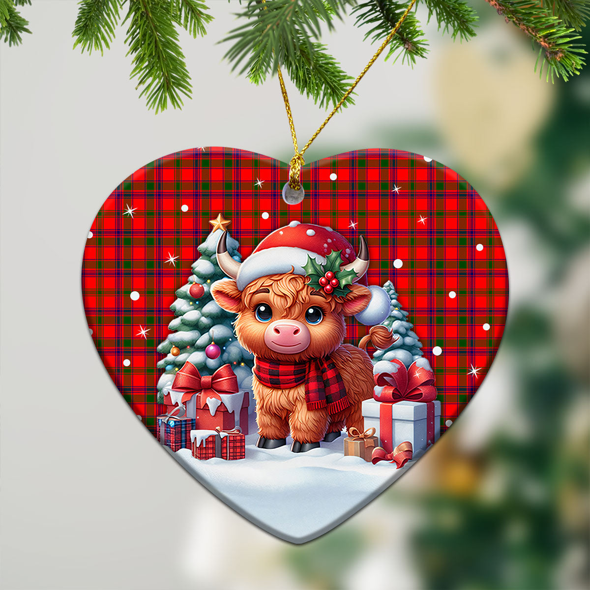 Bain Tartan Christmas Ceramic Ornament - Highland Cow Winter Style