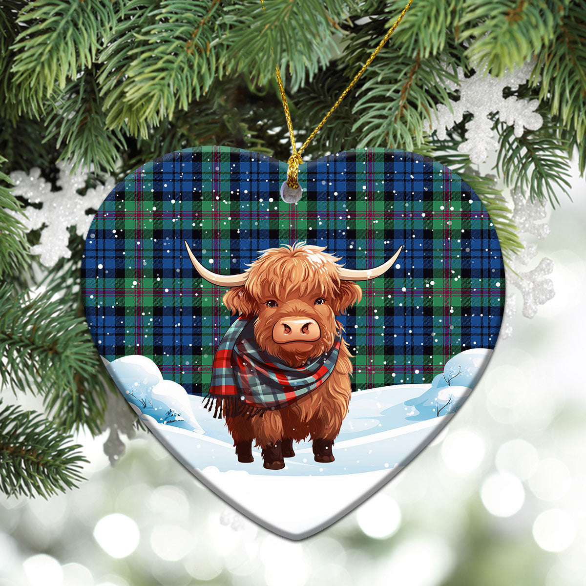 Baird Ancient Tartan Christmas Ceramic Ornament - Highland Cows Snow Style