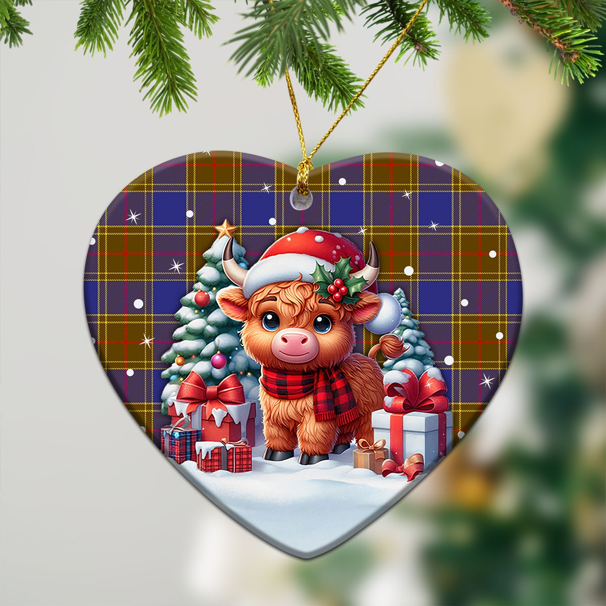 Balfour Modern Tartan Christmas Ceramic Ornament - Highland Cow Winter Style