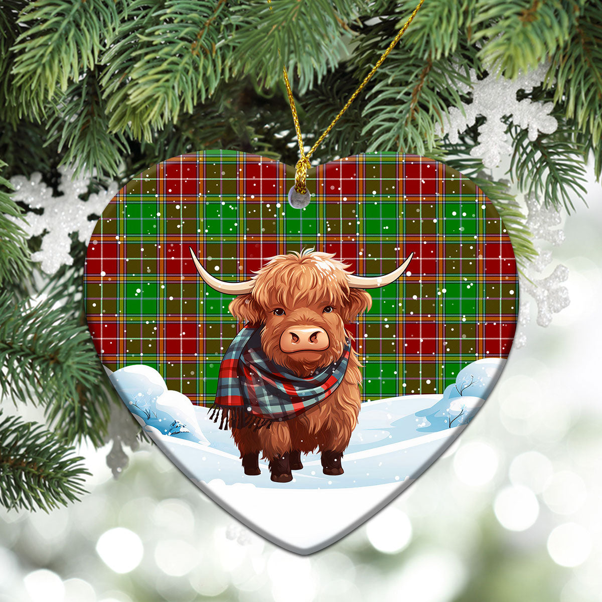 Baxter Modern Tartan Christmas Ceramic Ornament - Highland Cows Snow Style