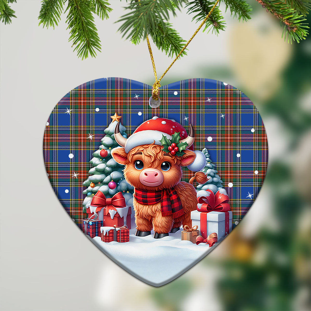 Beaton Ancient Tartan Christmas Ceramic Ornament - Highland Cow Winter Style