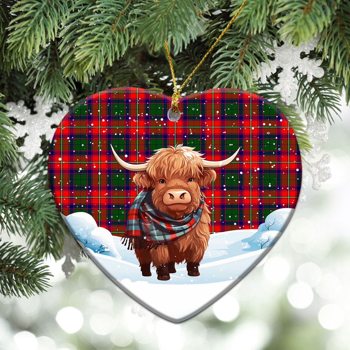 Belshes Tartan Christmas Ceramic Ornament - Highland Cows Snow Style