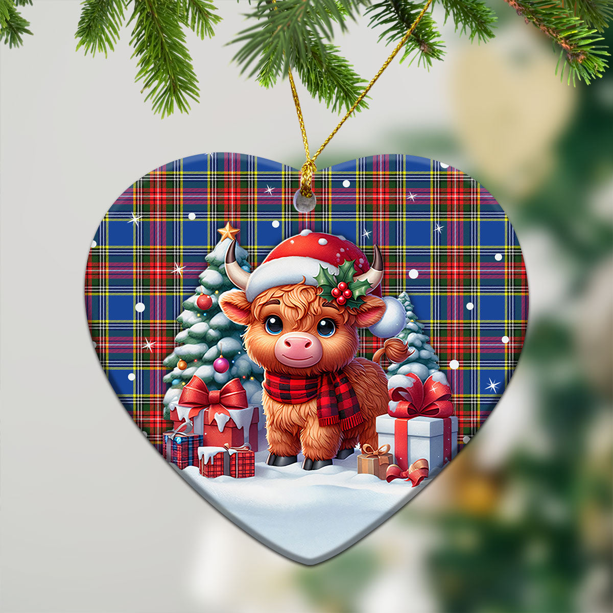 Bethune Modern Tartan Christmas Ceramic Ornament - Highland Cow Winter Style