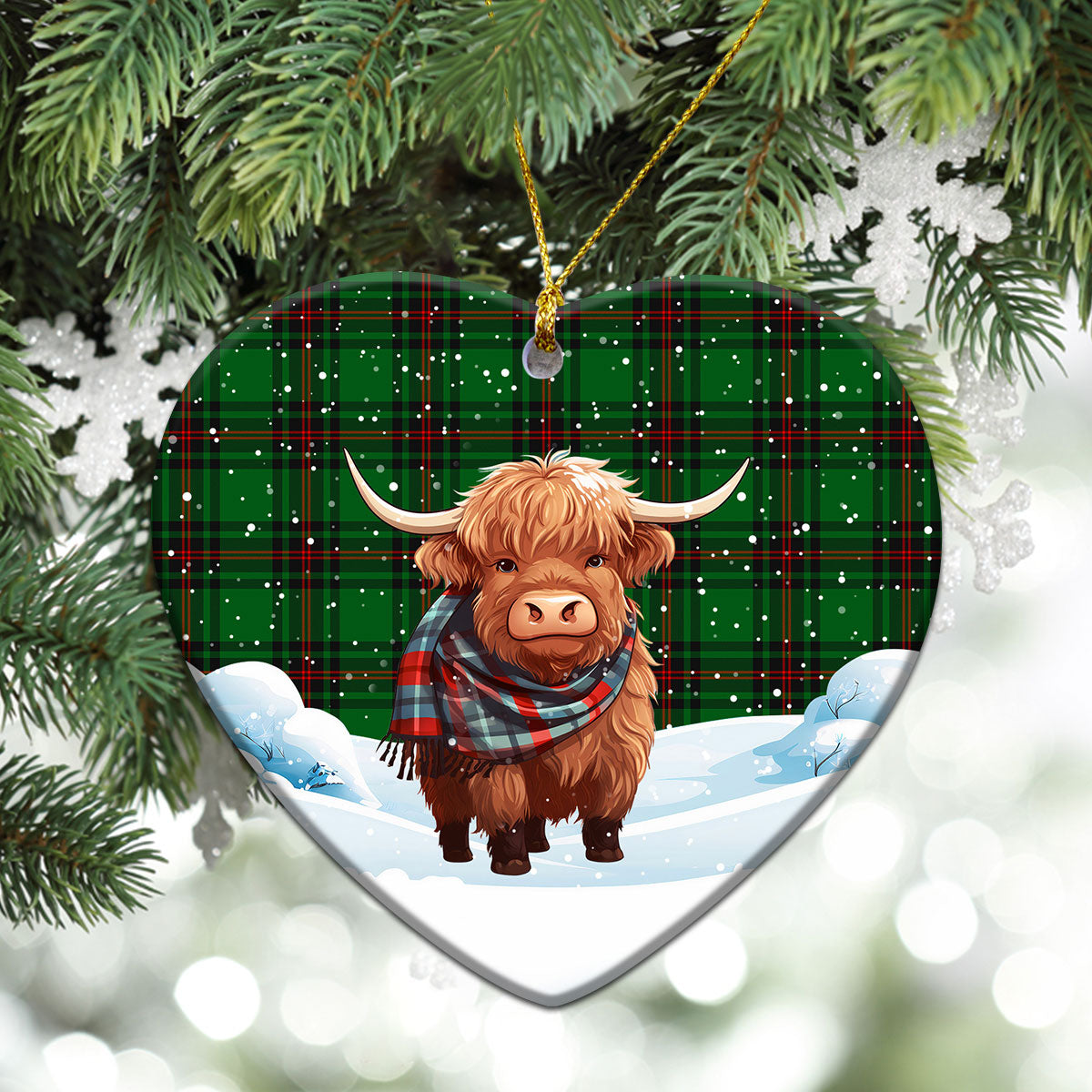 Beveridge Tartan Christmas Ceramic Ornament - Highland Cows Snow Style