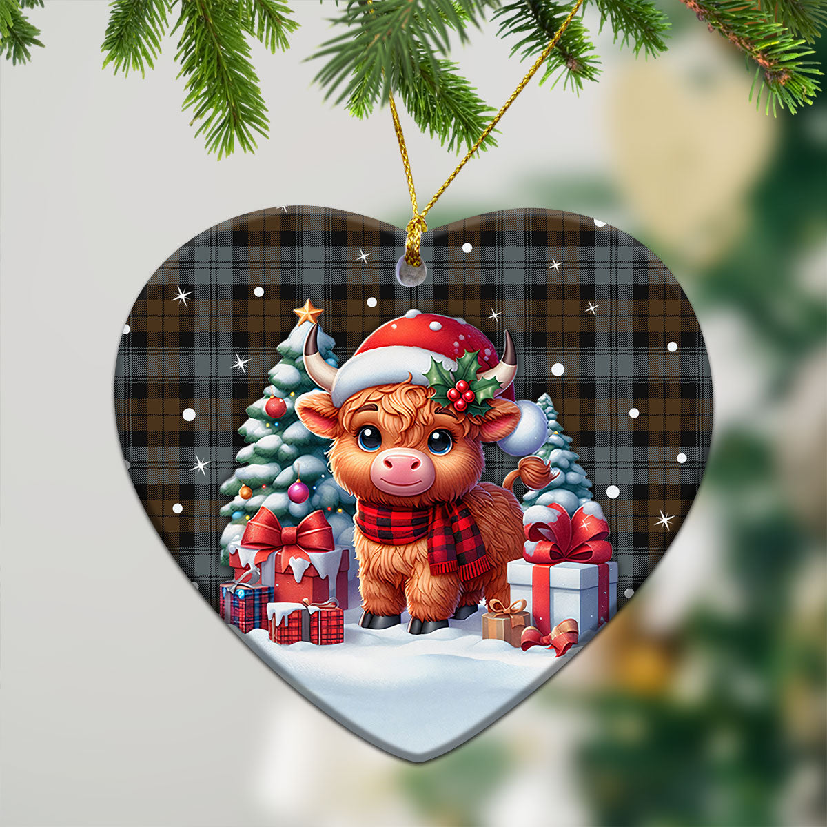 Black Watch Weathered Tartan Christmas Ceramic Ornament - Highland Cow Winter Style