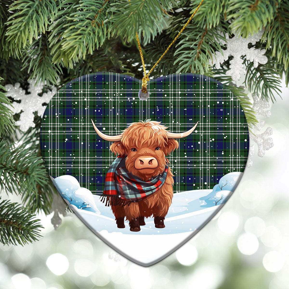 Blyth Tartan Christmas Ceramic Ornament - Highland Cows Snow Style