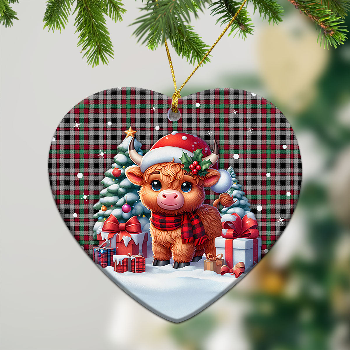 Borthwick Ancient Tartan Christmas Ceramic Ornament - Highland Cow Winter Style