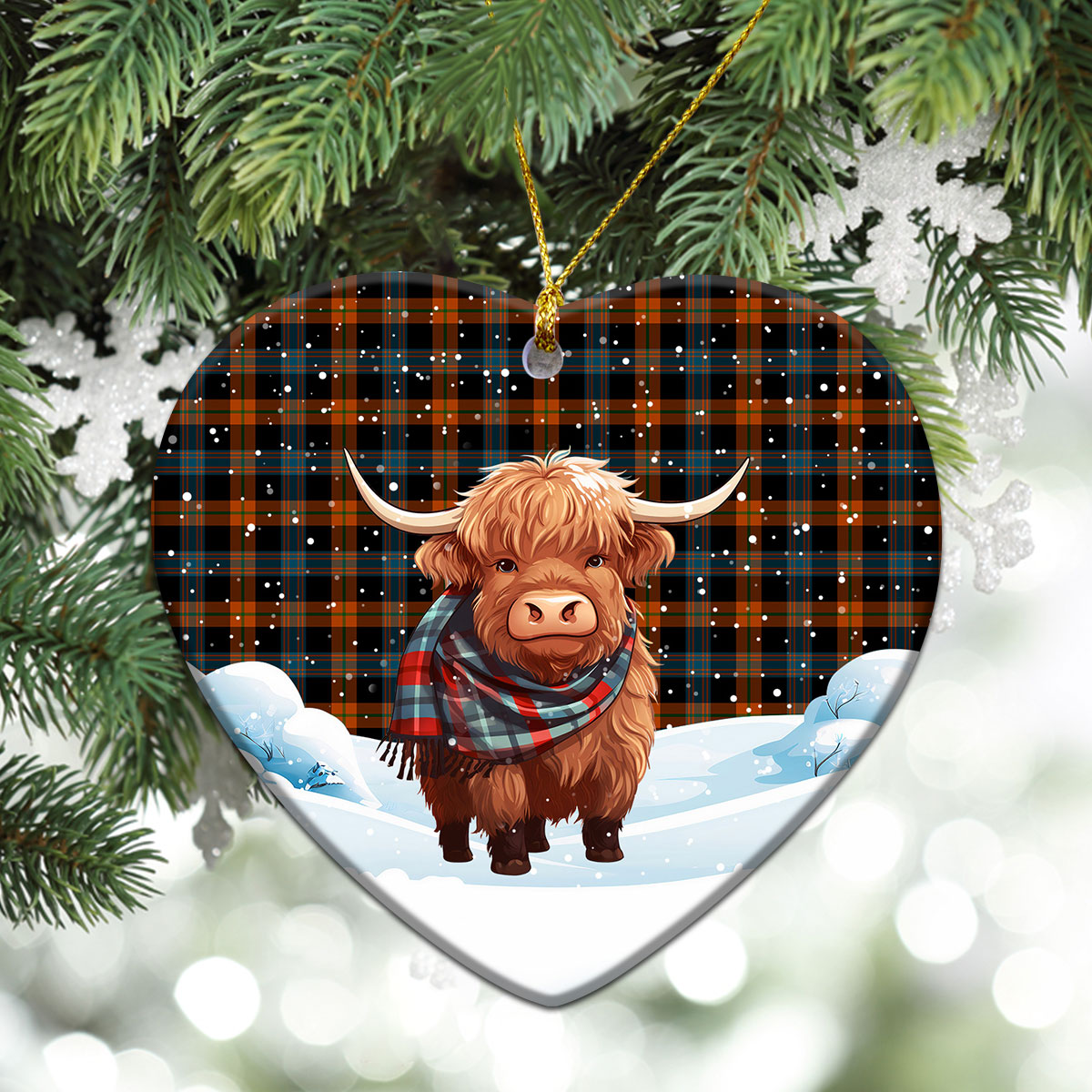 Broun Ancient Tartan Christmas Ceramic Ornament - Highland Cows Snow Style