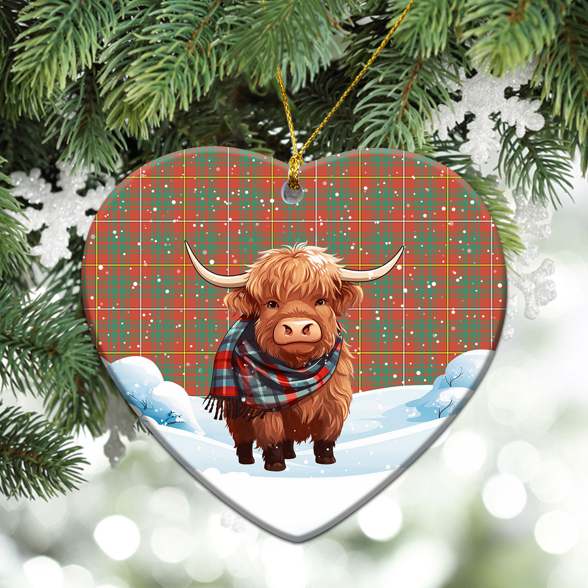 Bruce Ancient Tartan Christmas Ceramic Ornament - Highland Cows Snow Style