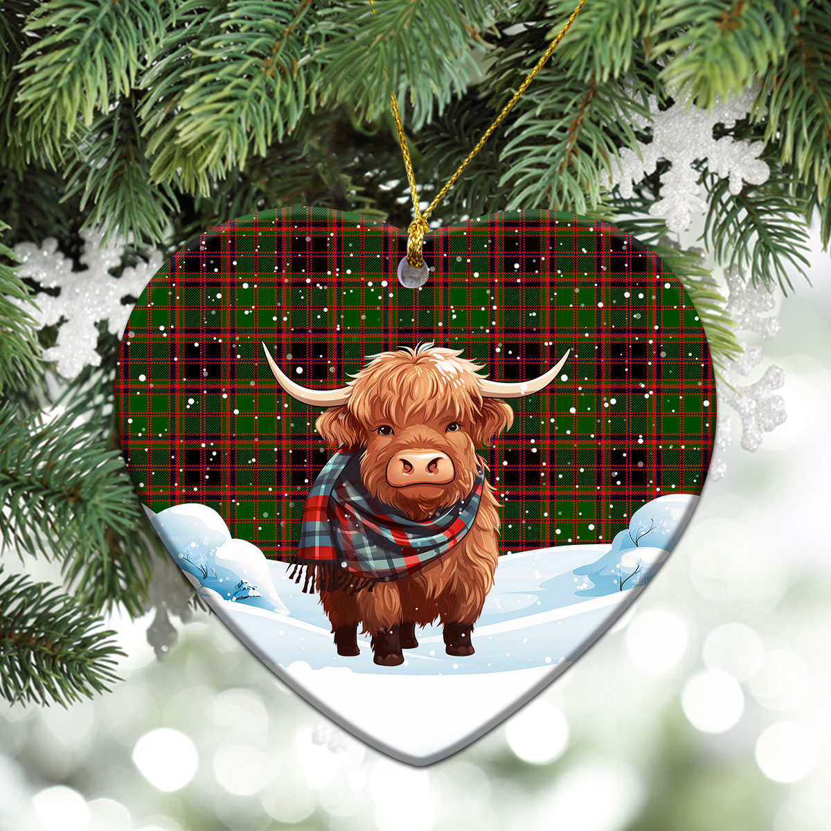 Buchan Modern Tartan Christmas Ceramic Ornament - Highland Cows Snow Style