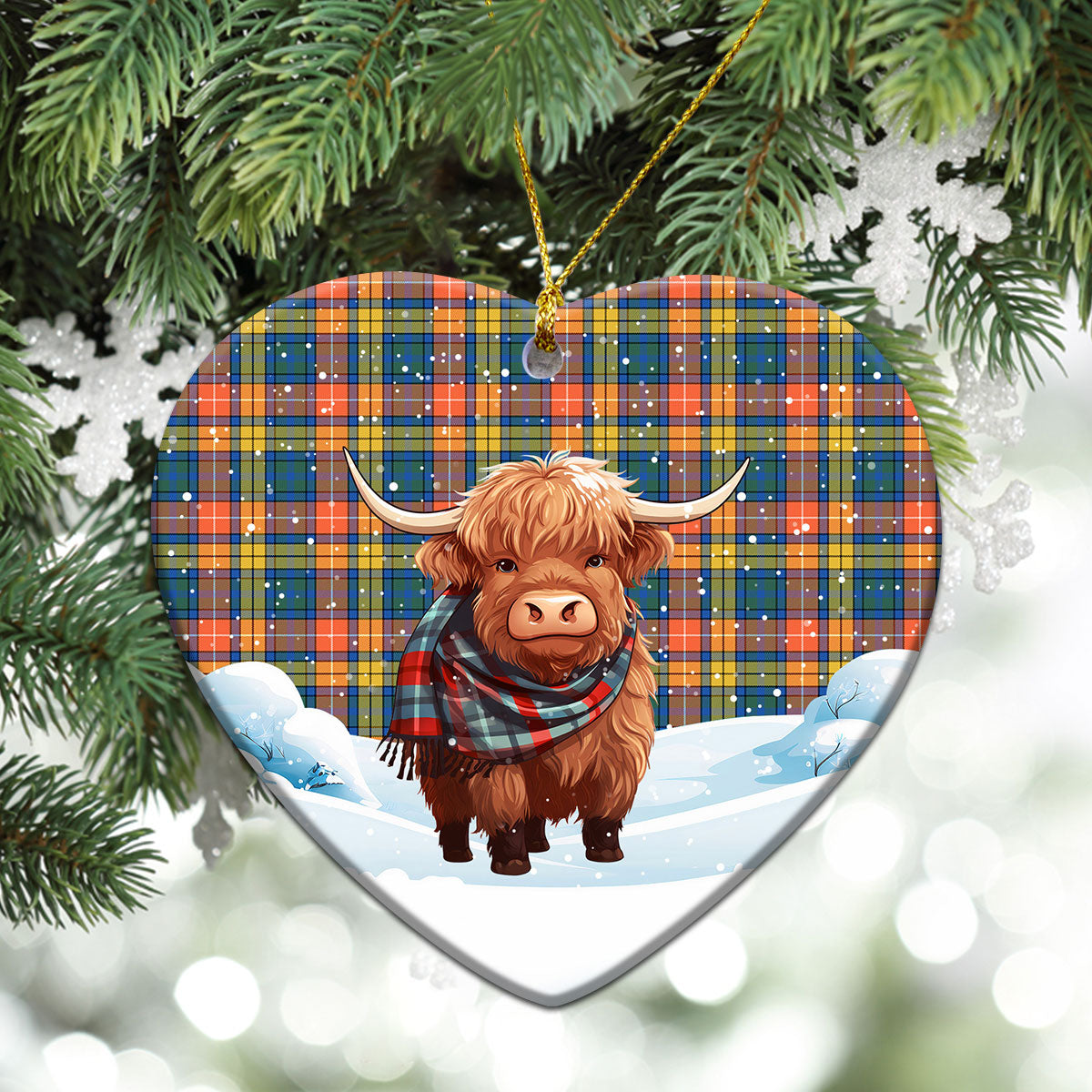 Buchanan Ancient Tartan Christmas Ceramic Ornament - Highland Cows Snow Style