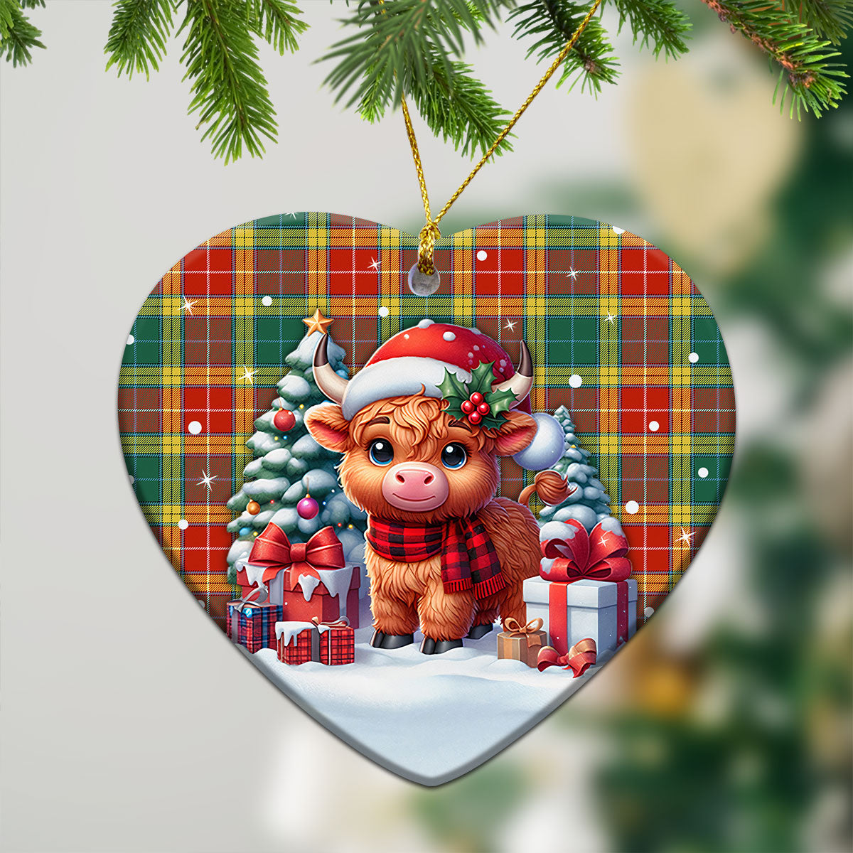 Buchanan Old Sett Tartan Christmas Ceramic Ornament - Highland Cow Winter Style