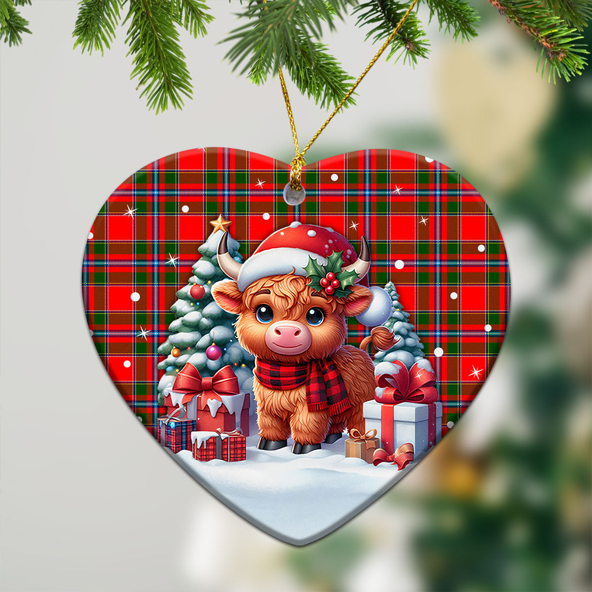 Butter Tartan Christmas Ceramic Ornament - Highland Cow Winter Style