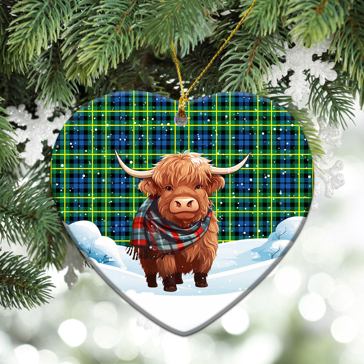 Campbell of Breadalbane Ancient Tartan Christmas Ceramic Ornament - Highland Cows Snow Style