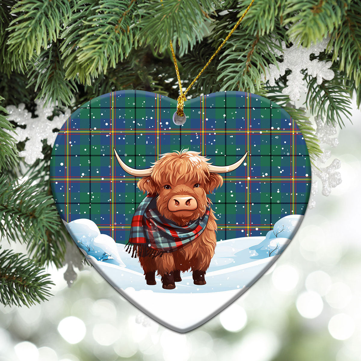 Carmichael Ancient Tartan Christmas Ceramic Ornament - Highland Cows Snow Style