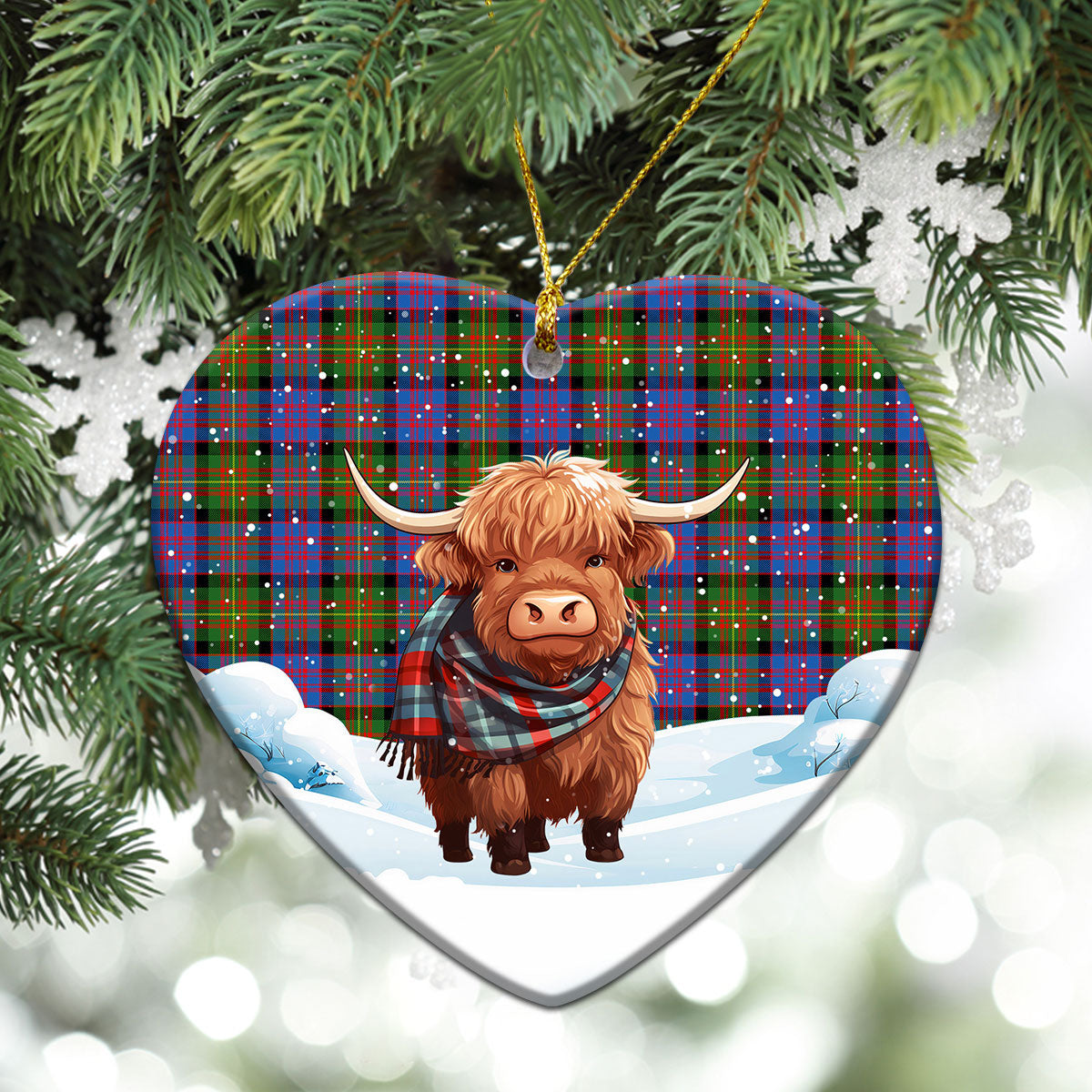 Carnegie Ancient Tartan Christmas Ceramic Ornament - Highland Cows Snow Style