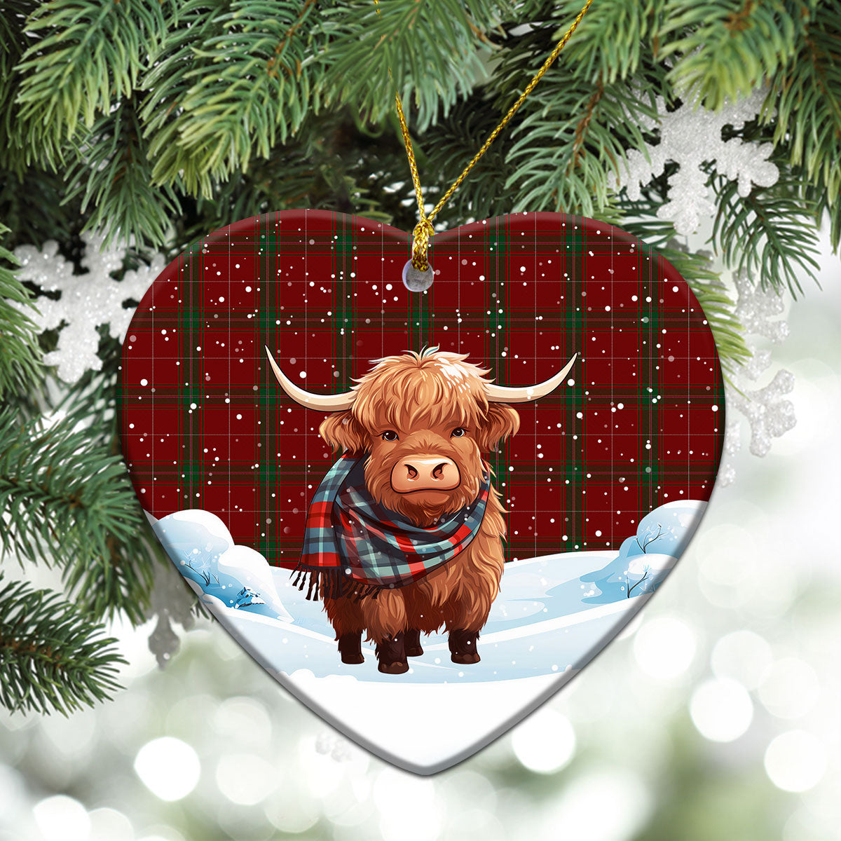 Carruthers Tartan Christmas Ceramic Ornament - Highland Cows Snow Style