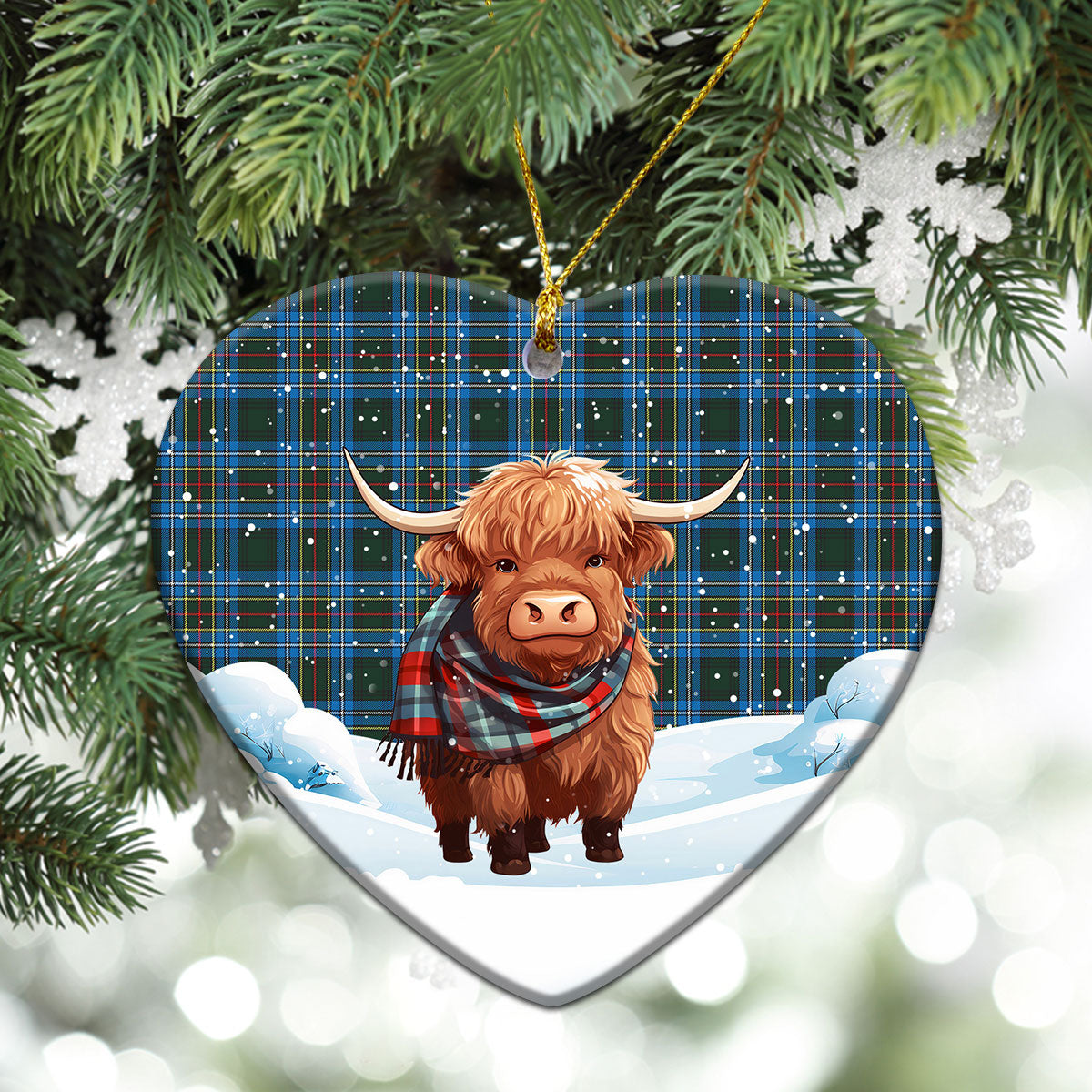 Cockburn Modern Tartan Christmas Ceramic Ornament - Highland Cows Snow Style