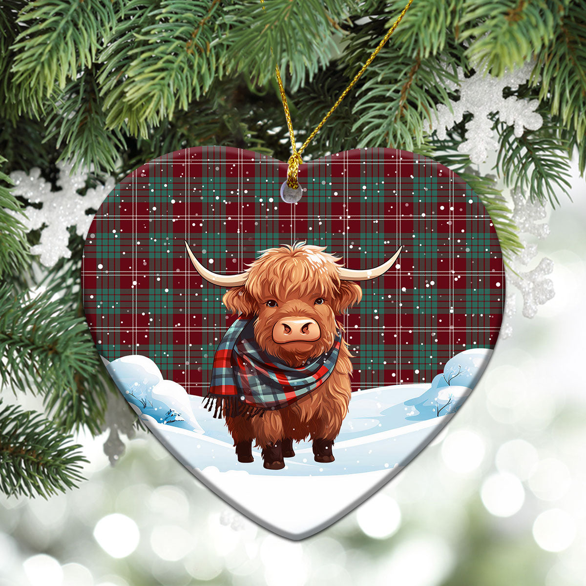 Crawford Modern Tartan Christmas Ceramic Ornament - Highland Cows Snow Style