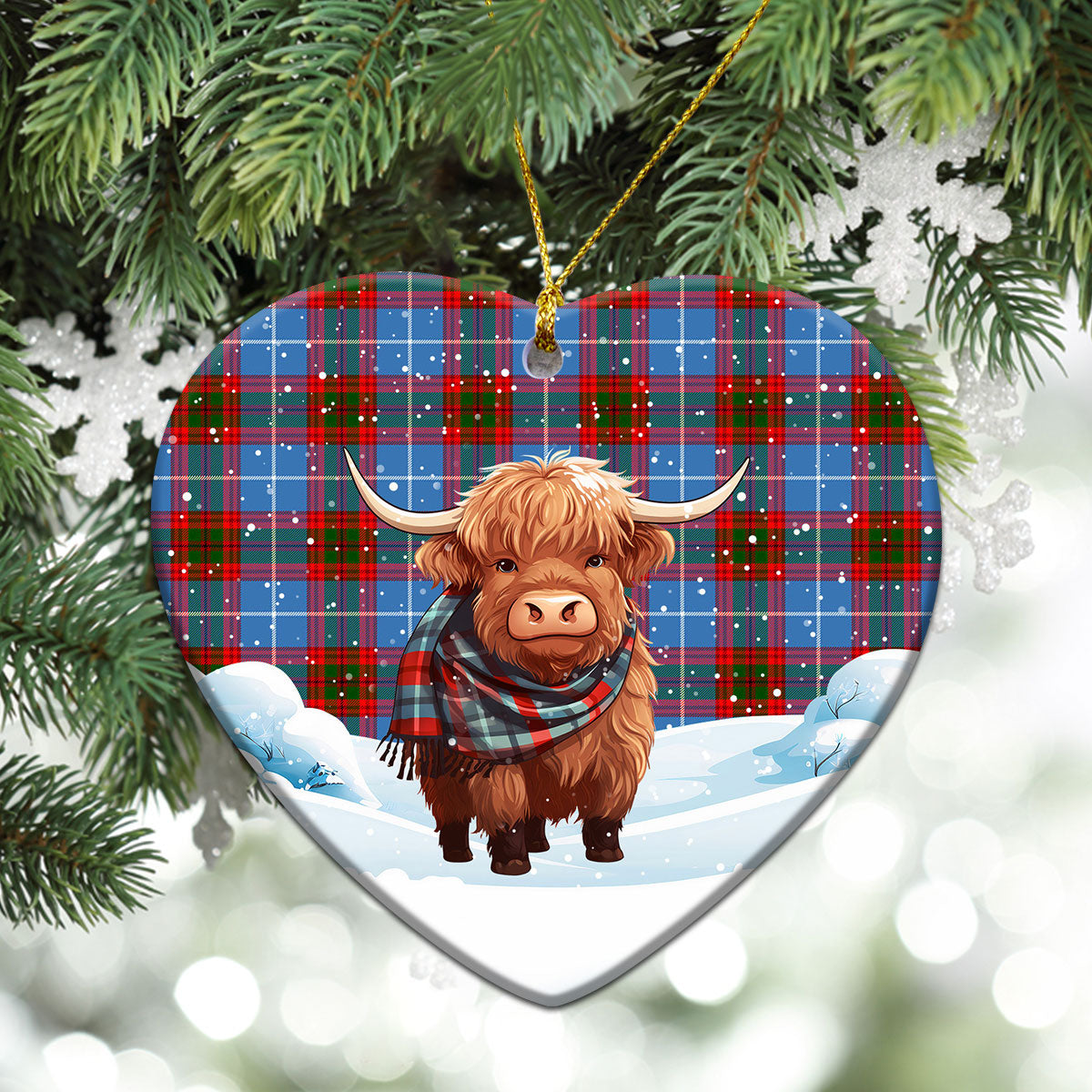 Crichton Tartan Christmas Ceramic Ornament - Highland Cows Snow Style